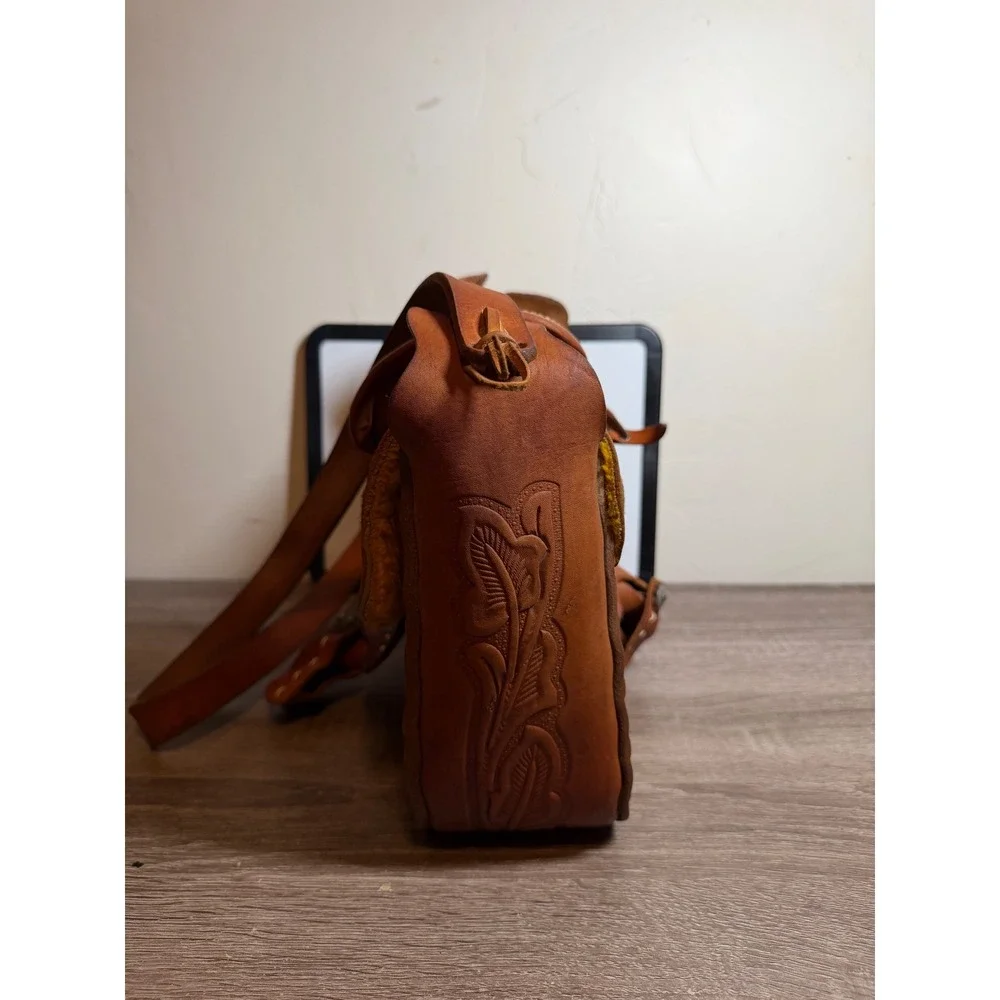 Western Shoulder Bag Horse Saddle Hand Tooled Leather Brown Medium